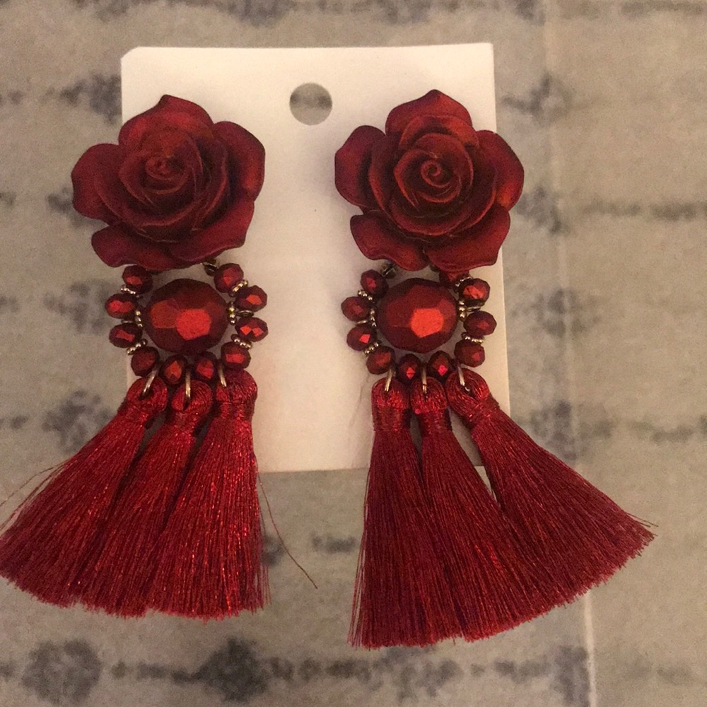 H&M Red flower tassel earrings